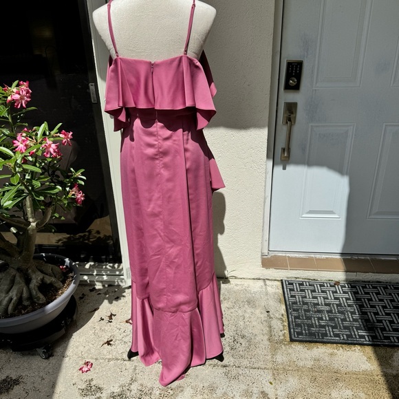 NICOLE MILLER. Pink Spaghetti Strap Ruffle High/Low Gown. S-6. Built in … - Picture 8 of 11